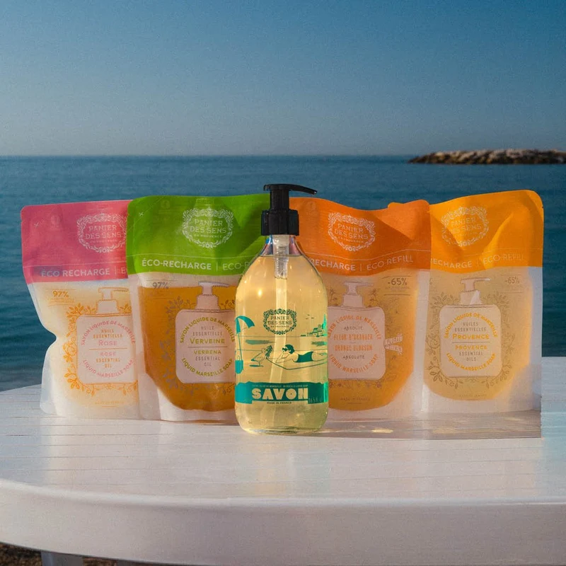 Savon liquide de Marseille Olive Édition limitée 25 ans + 4 recharges - Fleur d'Oranger, Verveine, Rose et Provence