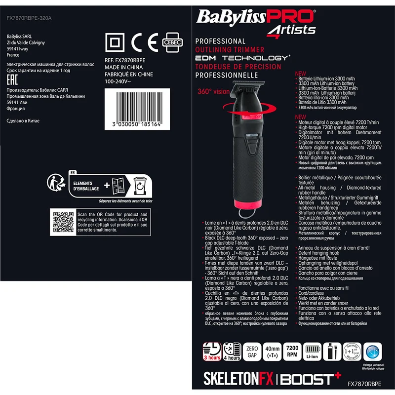 Babyliss Pro 4Artist Boost+ Trimmer Matte Black & Red FX7870RBPE - tondeuse à barbe professionnelle