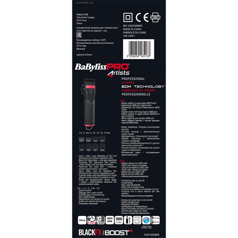 Babyliss Pro 4Artist Boost+ Clipper Matte Black & Red FX8700RBPE - tondeuse à cheveux professionnelle