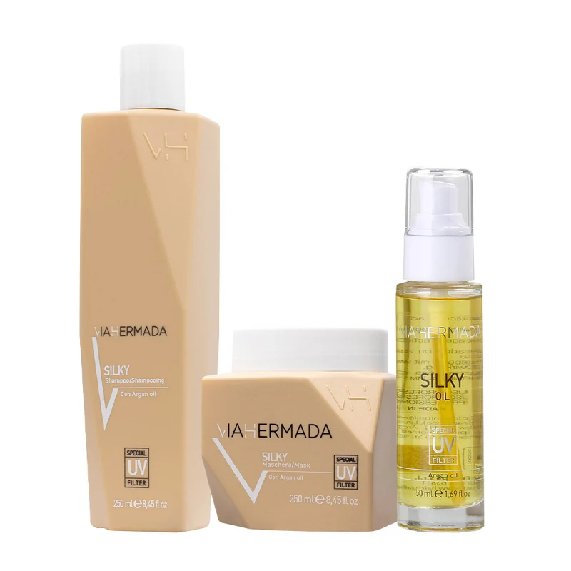 VIAHERMADA Silky Shampoo 250ml Mask 250ml Silky Oil 50ml + Serviette de plage jaune GRATUITE