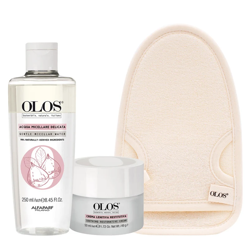 Olos Mondo Calmante Acqua Micellare Delicata 250ml Crema Lenitiva 50ml Guanto in Fibra di Bamboo