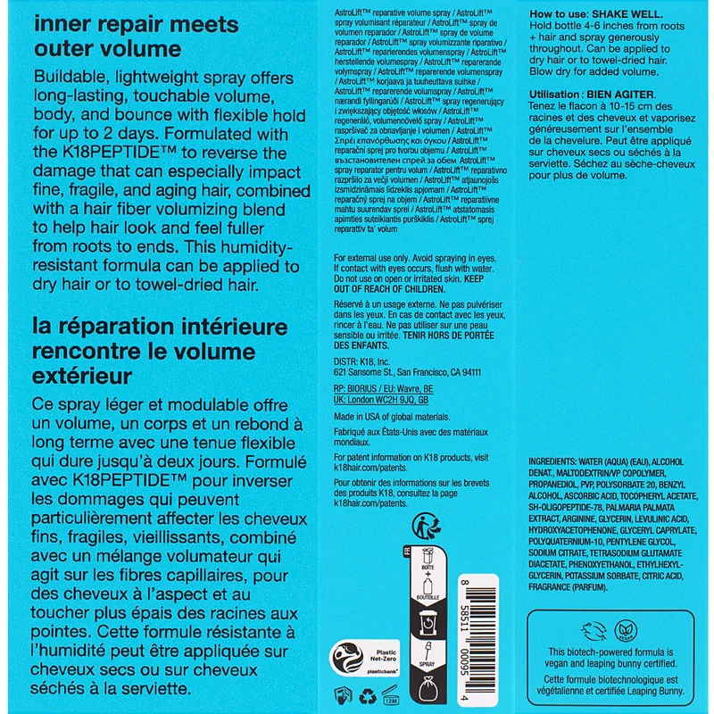 K18 Astrolift Reparative Volume Spray 118ml - spray volumateur