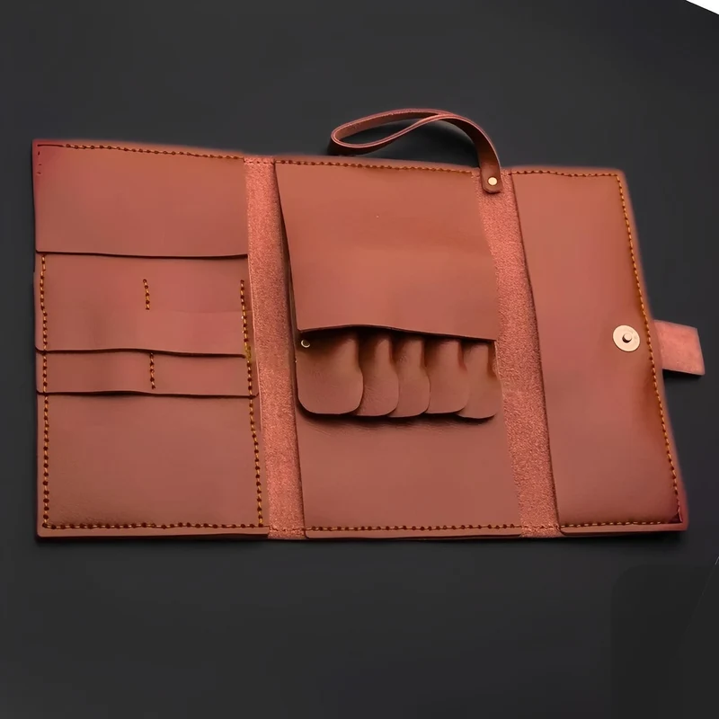 Portefeuille à ciseaux en cuir marron Boho - Étui artisanal à 5 ​​poches