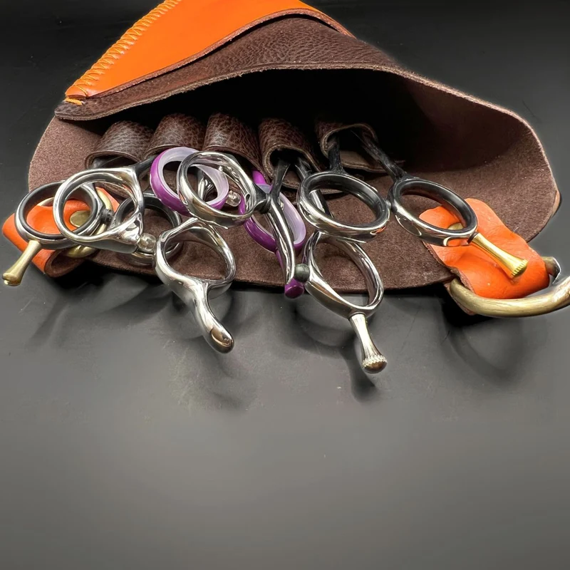 Étui à ciseaux en cuir orange et marron de qualité supérieure - Ceinture professionnelle à 5 poches