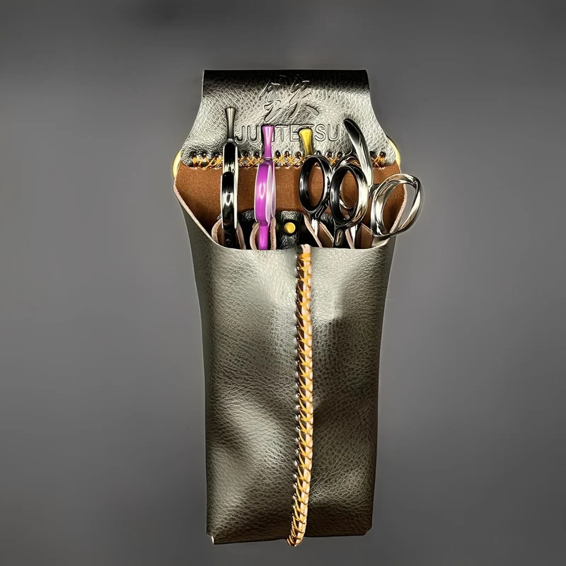 Étui en cuir marron foncé Juntetsu - 4 poches pour ciseaux