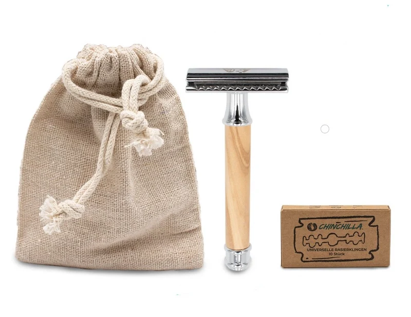 RAZOR of OLIVE WOOD and METAL - incl. 10 razor blades & storage bag