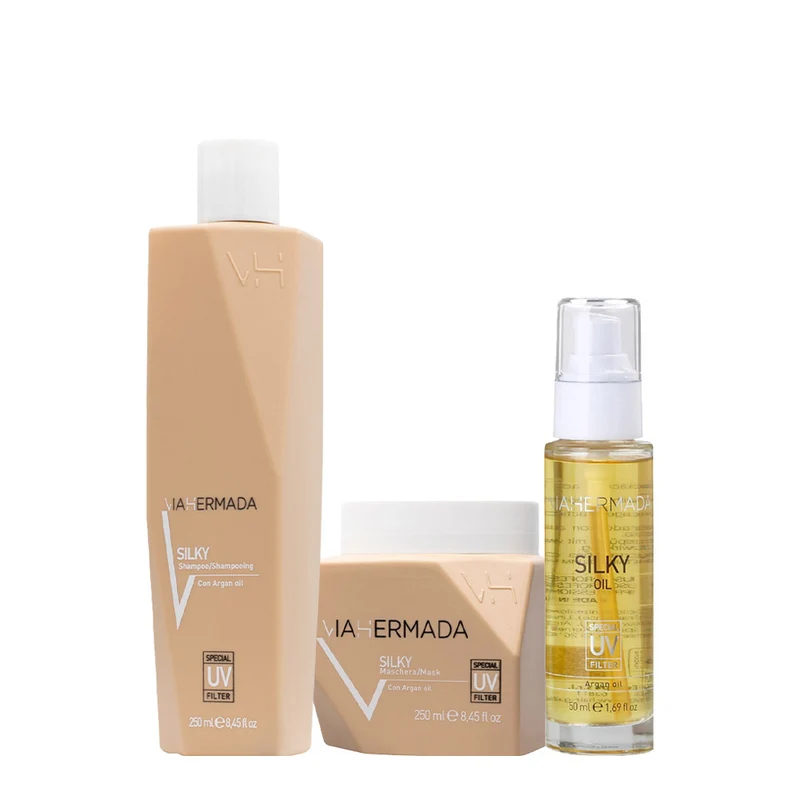 VIAHERMADA Silky Shampoo 250ml Mask 250ml Silky Oil 50ml + Serviette de plage blanche GRATUITE