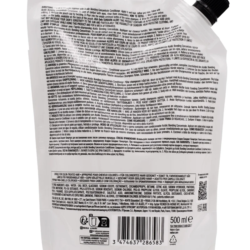 Redken Acidic Bonding Concentrate Refill Shampoo 500ml - éco-recharge shampooing cheveux abîmés et traités