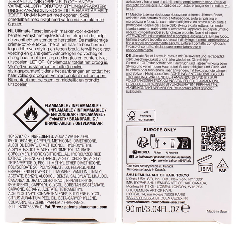 Shu Uemura Ultimate Reset Leave in Mask 90ml - masque cheveux abîmés