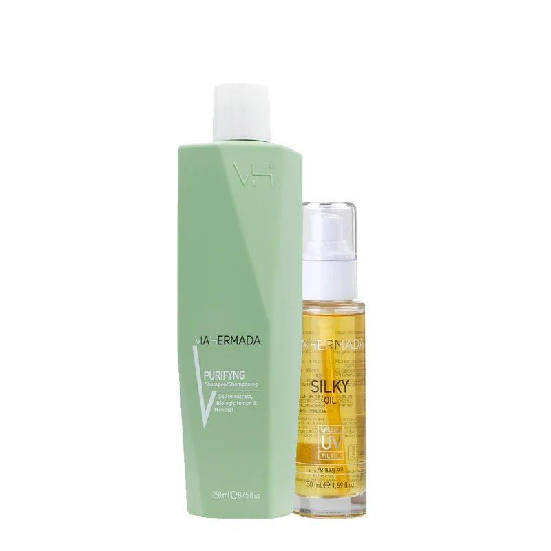 VIAHERMADA Purifyng Shampoo 250ml Silky Oil 50ml + Serviette de Plage Jaune GRATUITE