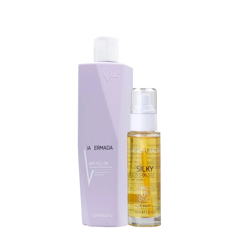 VIAHERMADA Anti-Yellow Shampoo 250ml Silky Oil 50ml + Serviette de Plage Blanche GRATUITE