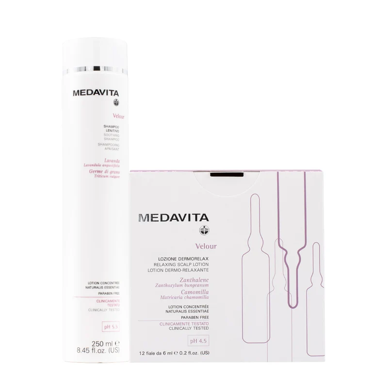 Medavita Velour Shampooing Apaisant 250ml Et Ampoules Peau Irritée 12x6ml