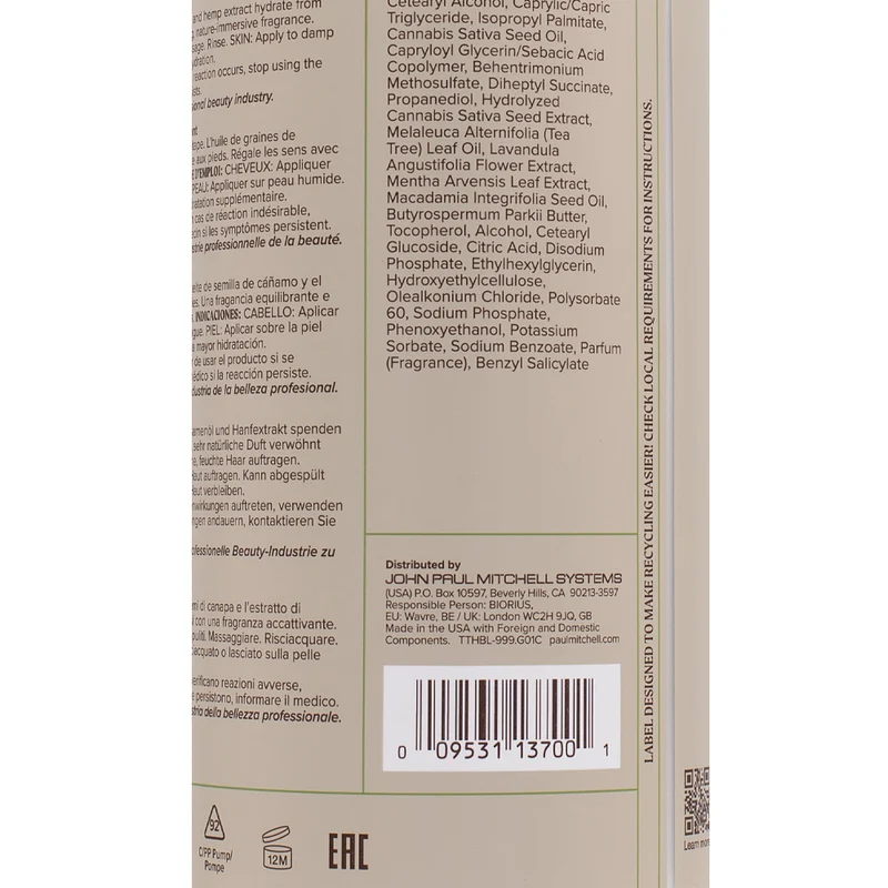 Paul Mitchell Tea Tree Hemp Restoring Conditioner & Body Lotion 1000ml - soin 2 en 1 hydratant et revitalisant