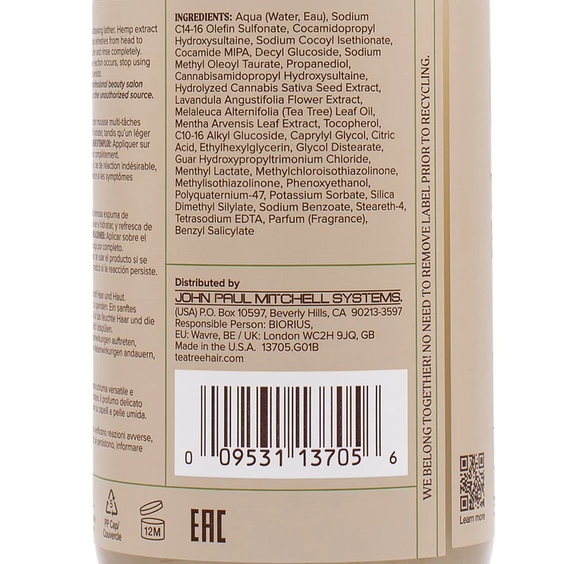 Paul Mitchell Tea Tree Hemp Restoring Shampoo & Body Wash 300ml - nettoyant 2 en 1 cheveux et corps