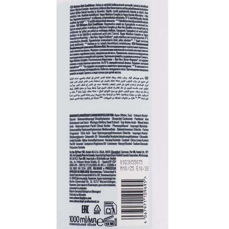 Schwarzkopf Professional Bonacure Moisture Kick Conditioner Aloe Vera 1000ml - après-shampoing démêlant et nourrissant