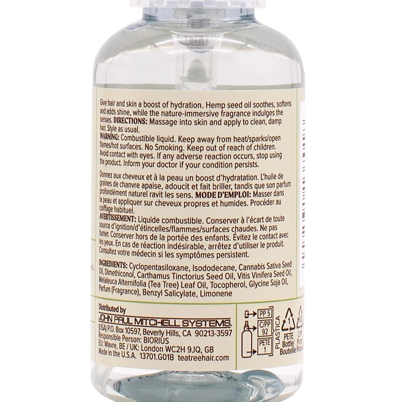 Paul Mitchell Tea Tree Hemp Replenishing Hair & Body Oil 50ml – huile 2-en-1 nourrissante et équilibrante