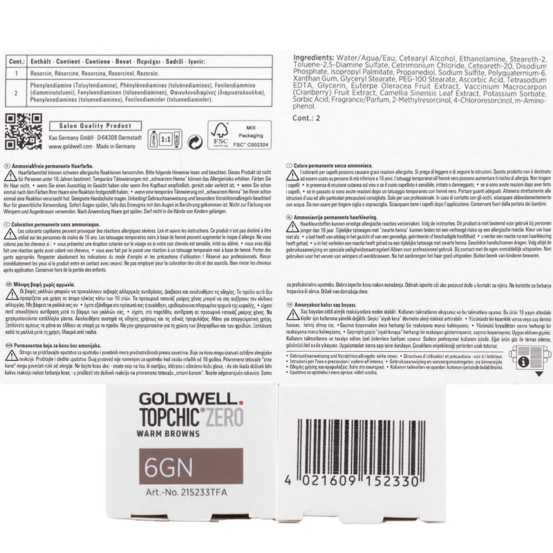 6GN Topchic Zero Warm Browns Dark Gold Natural Blonde tb 60ml - coloration permanente sans ammoniaque
