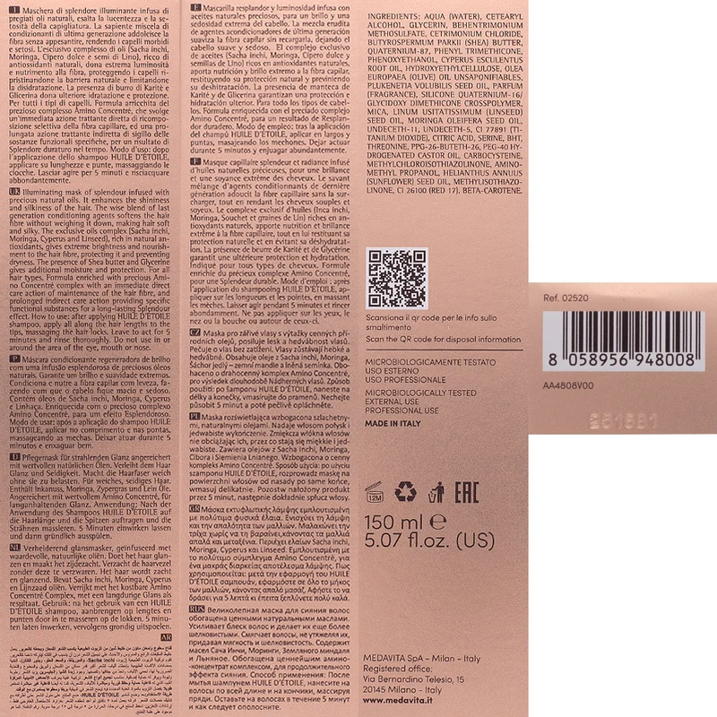 Medavita Huile D'Etoile Shining Oils Hair Mask 150ml - masque d’huiles brillant