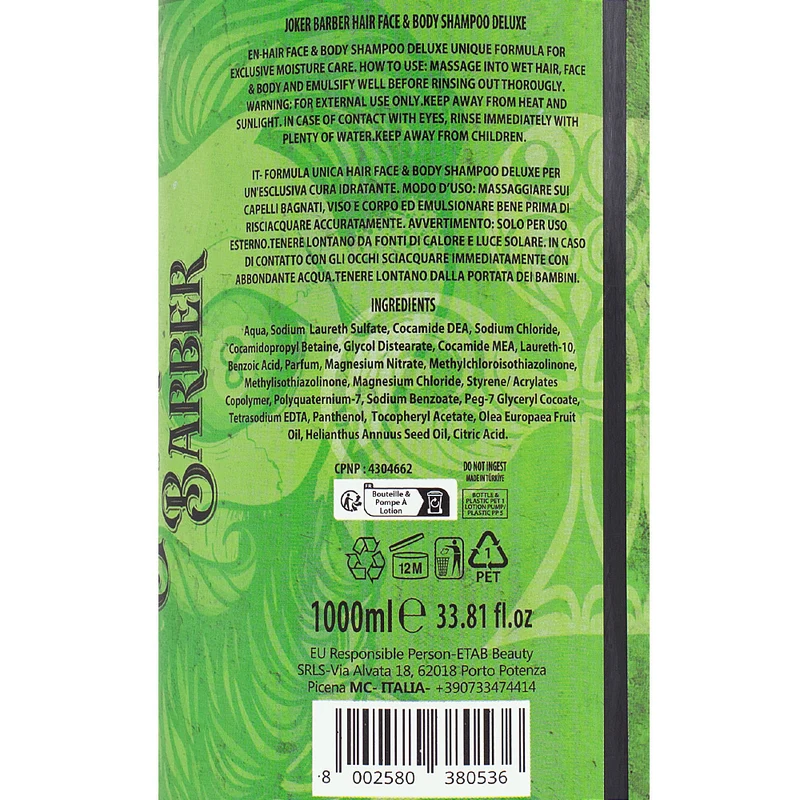 Joker Barber Hair Face & Body Shampoo Deluxe 1000ml - shampoing 3 en 1