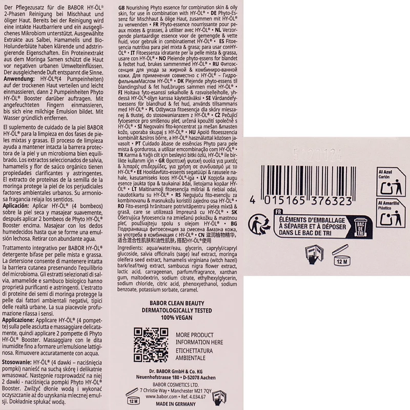 Babor Phyto HY-ÖL Booster Balancing 100ml - nettoyant visage peaux mixtes