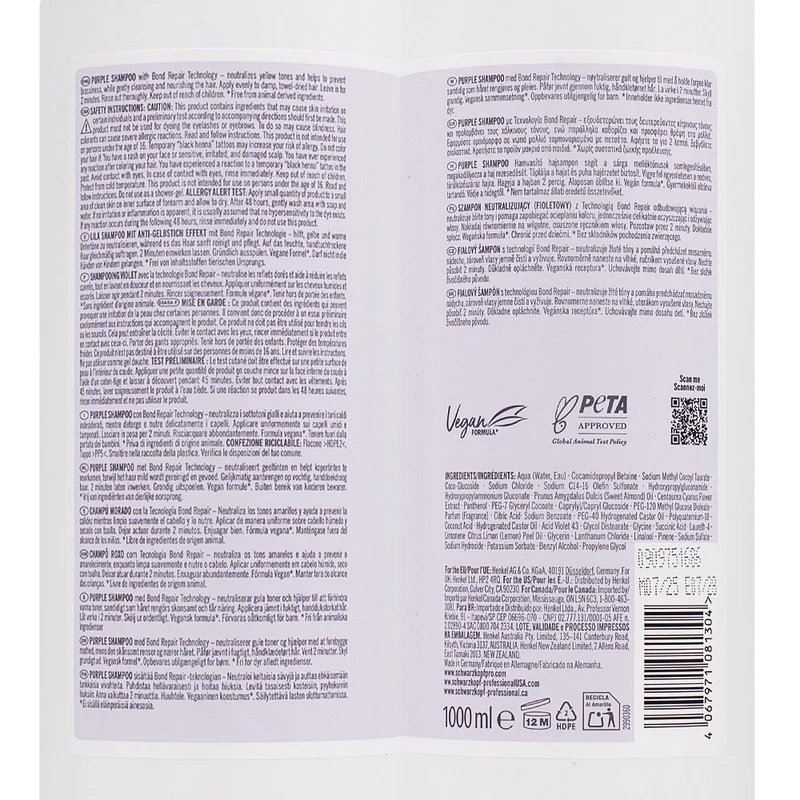 Schwarzkopf BlondMeBond Repair Purple Shampoo 1000ml - shampooing réparateur violet