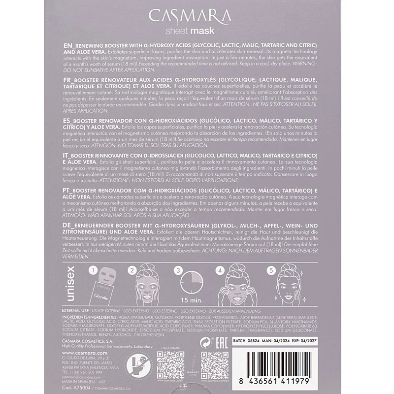 Casmara Glycolic Peeling Booster Mask 10 pcs. - masque tissu exfoliant
