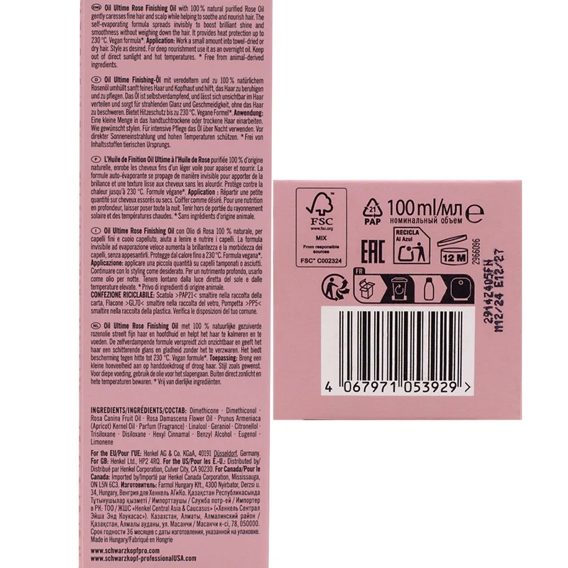 Schwarzkopf Professional Oil Ultime Rose Oil 100ml - cheveux fins et cuir chevelu irrité