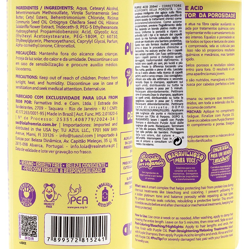 Lola From Rio Purple Acid Corrector De Porosidade 250ml - soin restructurant cheveux blonds