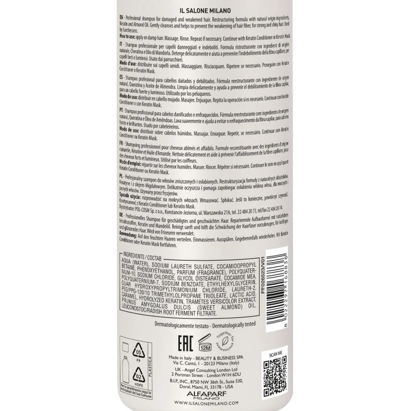Il Salone Milano Keratin Shampoo 500ml - shampoing pour cheveux abîmés et fragilisés