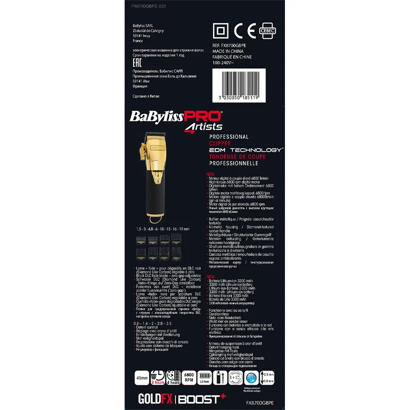 Babyliss Pro 4Artist Boost+ Clipper Gold FX8700GBPE - tondeuse à cheveux professionnelle
